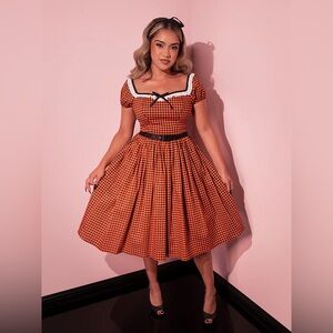 BARDOT BEAUTY SWING DRESS IN ORANGE PUMPKIN GINGHAM - VIXEN BY MICHELINE PITT